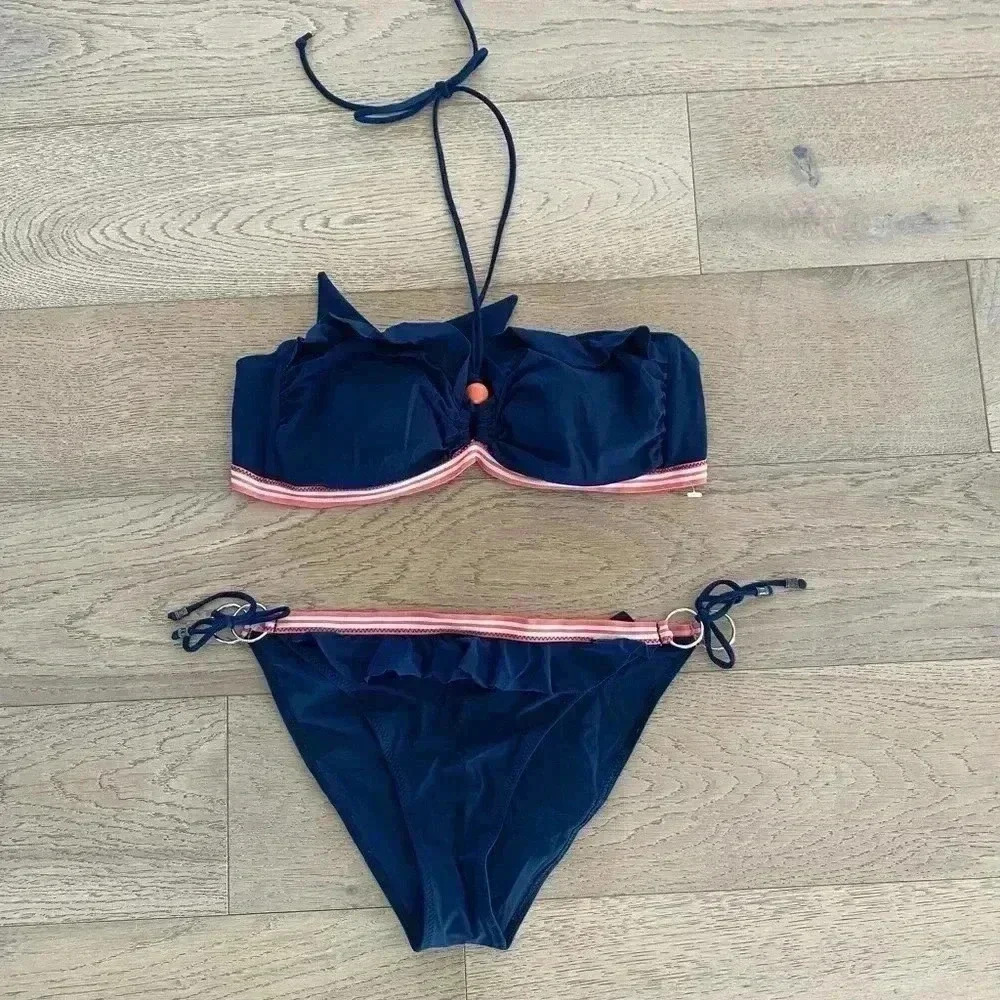 Banana moon Navy Blue and Pink Ruffle Bikini Set